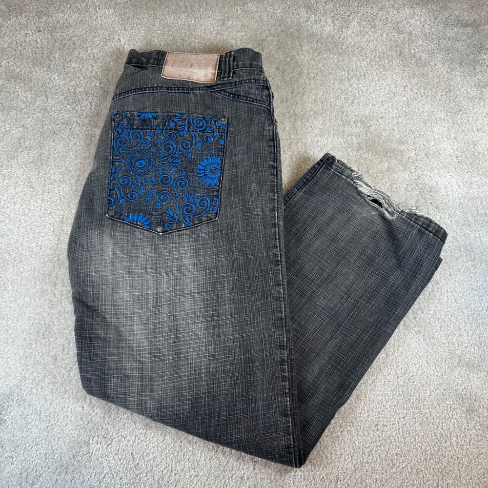 Vintage Y2K Delf Embroidered Jeans Mens 38x32 Black Distressed Relaxed Fit Pants